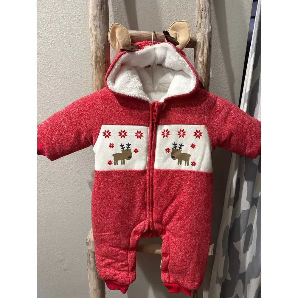 Warm jumpsuit for baby with deer hood snap bottom one piece 3-6‎ months